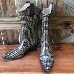 Corkys Nature Breeze Brown Plaid Western Cowboy Rubber Rain Boots 6